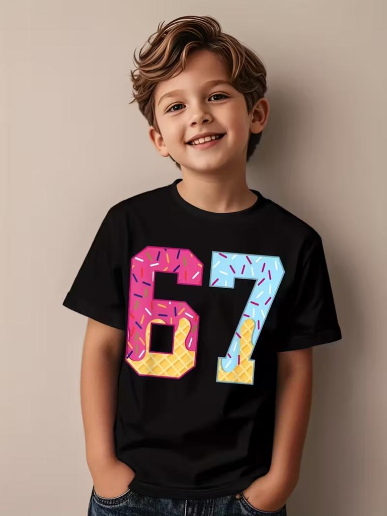 67 Meme Graphic Tshirt Kids Funny Number Print Summer Short Sleeve Loose Streetwear Tops