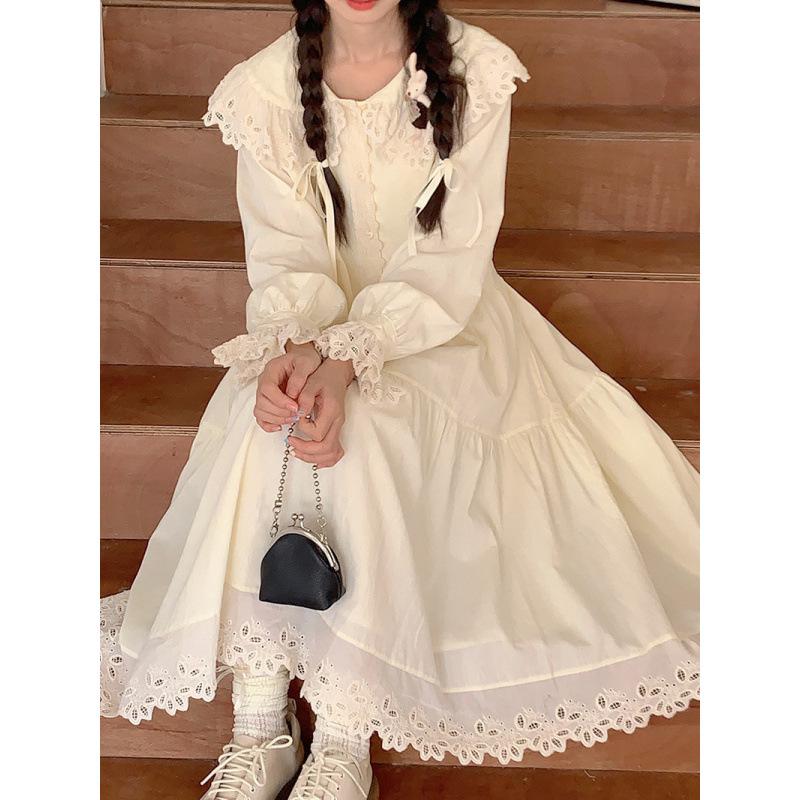 Mori Style Women's Apricot Lace-Trim Long Sleeve Dress