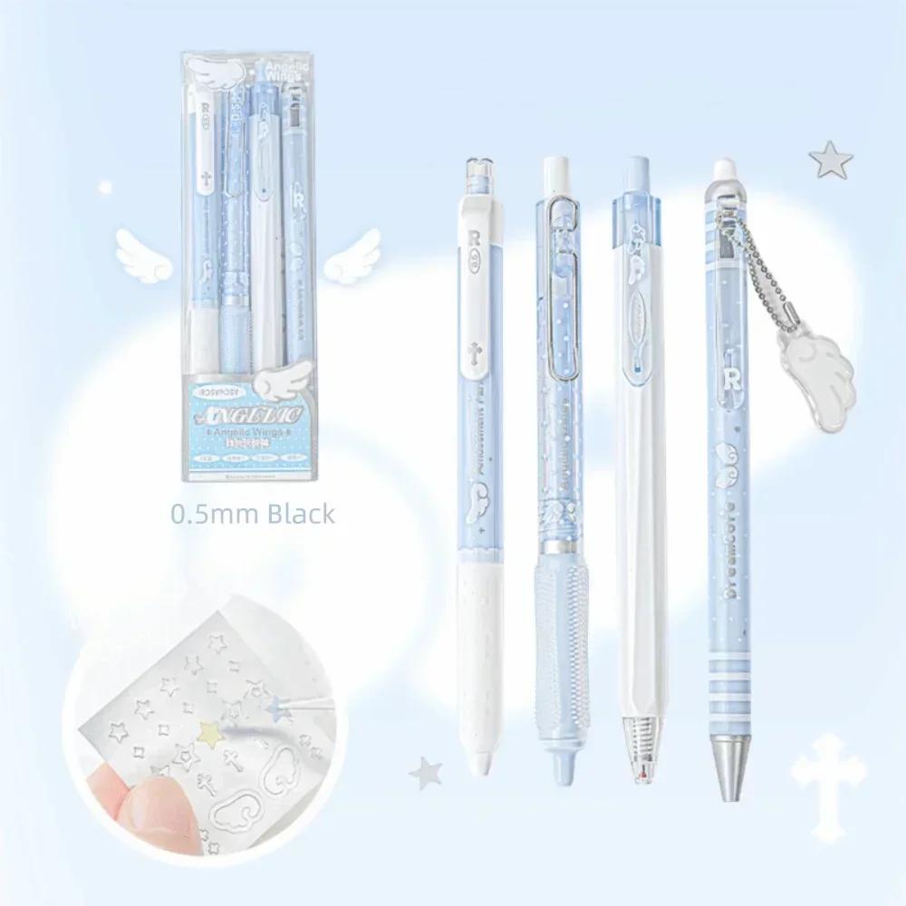 New High Quality 4Pcs/Set 0.5mm Pearl Angel Gel Pen Set Soft Comfort Grip Wing Design Black Ink Exam Pens Smooth Writing Gel Ink