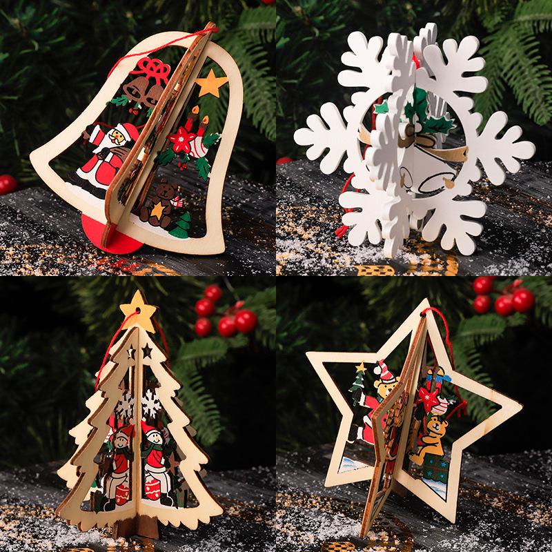 New Christmas Decoration 3D Hollow Bell Snowflake Craft Christmas Tree Wooden Pendant Elderly Gift Home Interior Scene Pendant