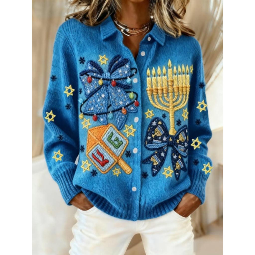 Damenhemd mit Revers und Strickjacke, Einfarbig gestrickt, 3D-Druck, Weihnachten, Herbst, Winter