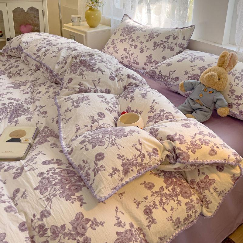 

Ins Bedding Set Purple Love Stripe Double Layer Yarn Four Piece Dormitory Girl Heart Bed Sheet And Quilt Set Washed Cotton 150x200 3pcs гліцинія кольору