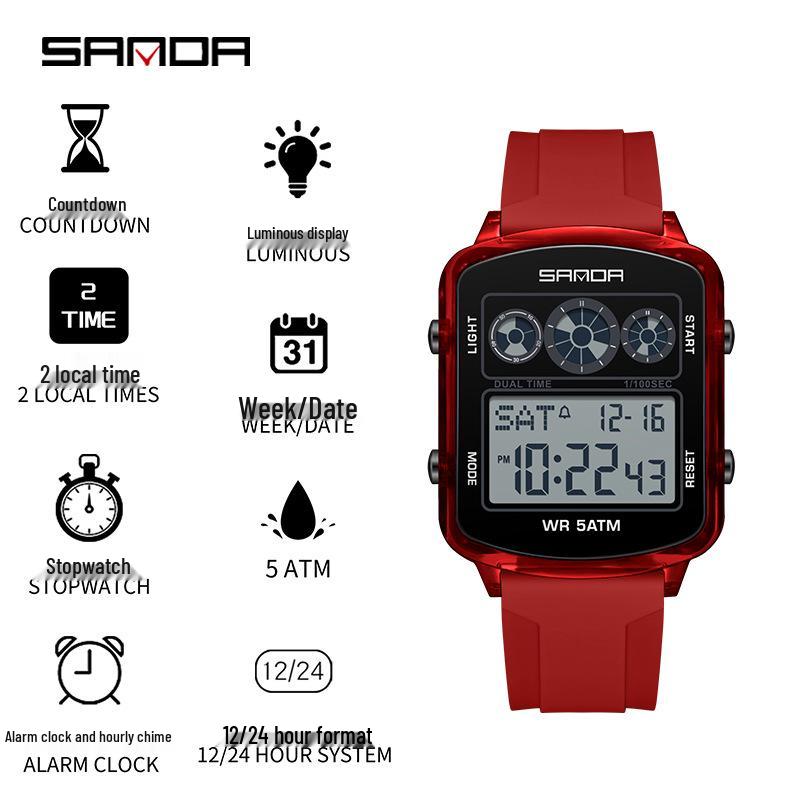 Sanda Dual Time Waterproof Transparent Sports Wristwatch with Colorful Single Display and Student Timer Function