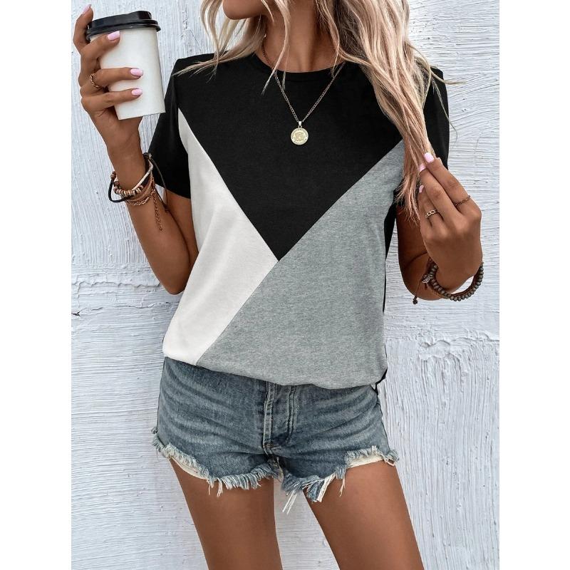 YYFS Women's Fashion Casual Summer Spring Colour Block Print Short Sleeve O-Neck Blouses & Shirts