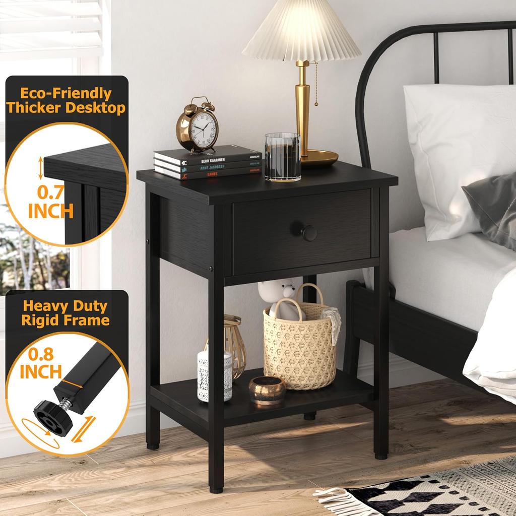 Set of 2 Nightstands with Drawers and Shelf, Black Wood Metal Bedside Tables, Easy Assembly, for Bedroom Living Room
