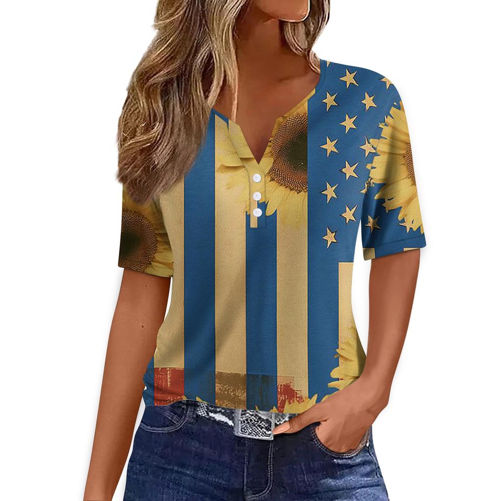 Women's T Shirt Tee Print Button Short Sleeve Daily Weekend Fashion Basic V- Neck Regular Top
