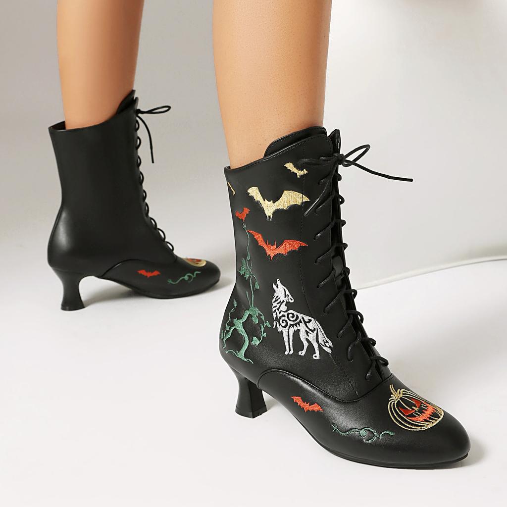Autumn and winter outer order ebay fashion mid-heel embroidered front lace-up low-tube Martin boots