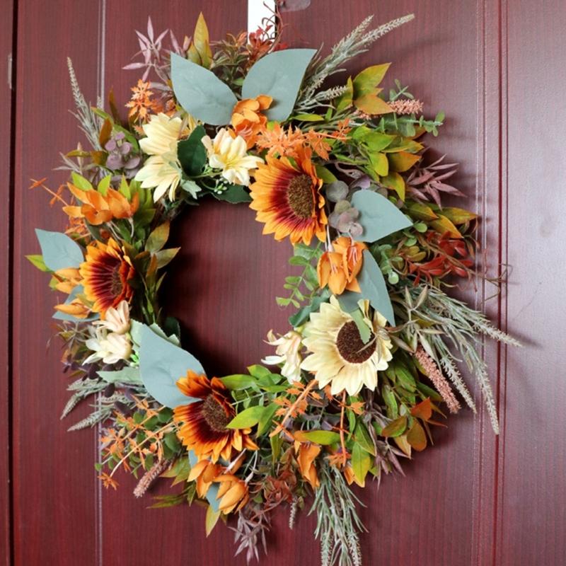 Artificial Sunflowers Wreath Handmade Decorative Garlands for Home Decoration Elegant Faux Florals Hanging Ornament