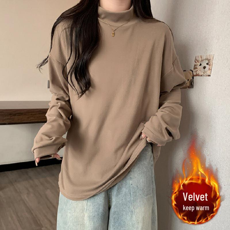 

Женская осенне-зимняя приталенная футболка с полувысоким воротником и длинными рукавами: Повседневный, Свободный, Универсальный и Модный Базовый Слой. L света кофе