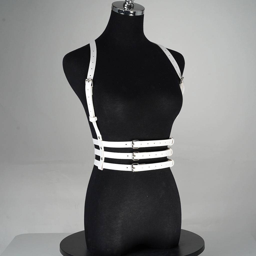 Women'S Wide-Body White Waist Belt Adjustable Pu Leather Buckle Three-Layer Belt Design Punk Goth Style Festive Parties & Casual