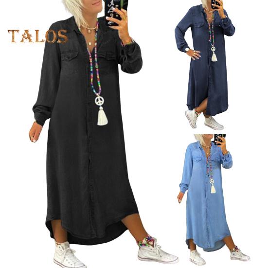 Toamnă, primăvară, rochie de damă, cu un singur rever, mâneci lungi, buzunar pe piept, tiv despicat, rochie de dimensiuni mari, culoare uni, nasturi, linie a, ținută zilnică maxi