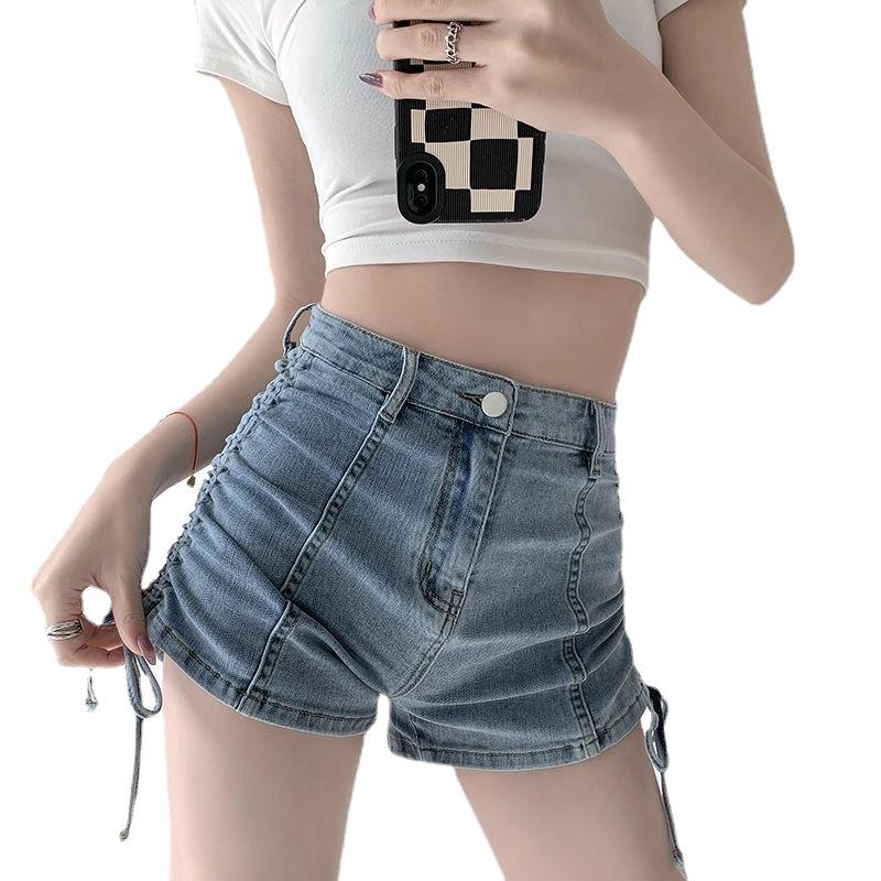 Comfortable Skinny Fashionable and Versatile Thin Denim Shorts Female Tie Draw Fold Design Sense High Waist Elastic Thin Slim Straight Pants Summer