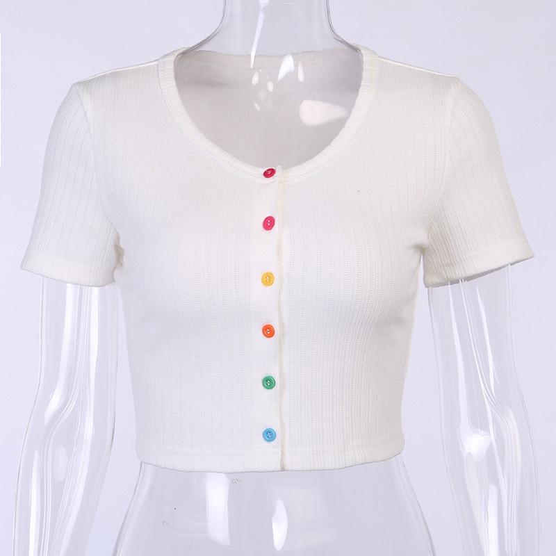 Summer Ribbed Tops Sexy Colorful Buttons T Shirt Short Sleeve Crop Top