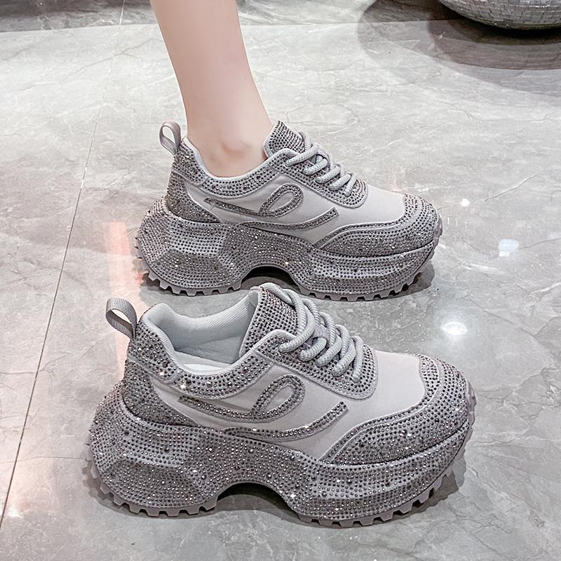 

Женская обувь со стразами, роскошные кроссовки на платформе со стразами, уличные нескользящие кроссовки для бега, повседневная обувь на толстой подошве 7 см 35 серый