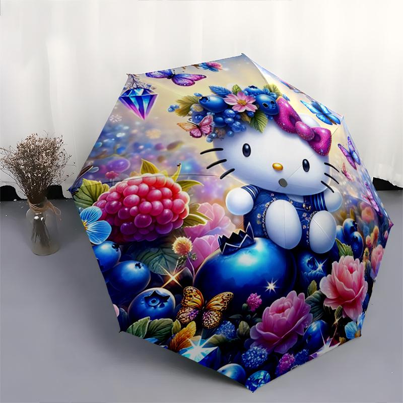 1pc Hello Kitty Fantasy Garden Automatic Folding Umbrella - Portable 3-Fold Design with 8-Bone Iron Frame, Perfect for Outdoor Use, Festive Gifts, Fan