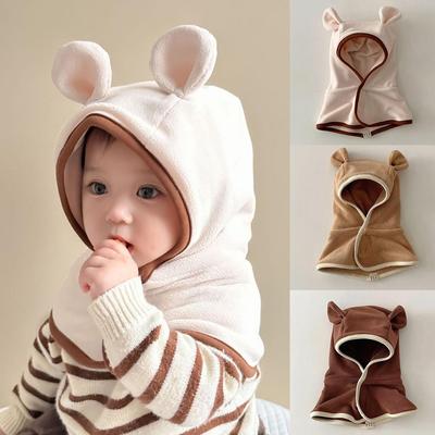 Baby Winter Lammfleece Warme Sturmhaube Hut Niedliche Bärenohren Einteiliger Schal Kapuzenmütze Säugling Junge Mädchen Kleinkind Winddicht Ohrenschutz Mütze