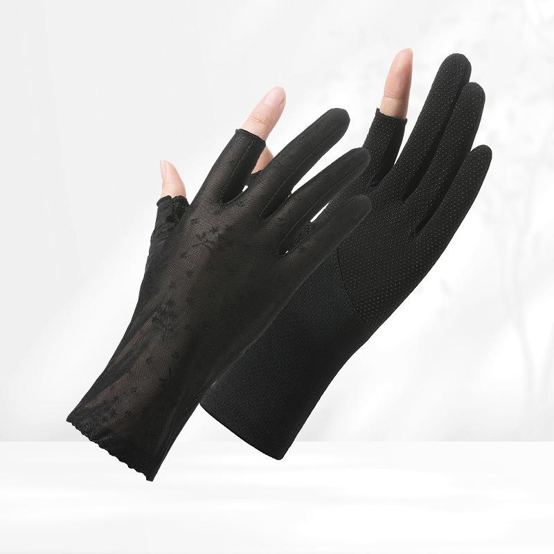 

Солнцезащитные перчатки для лета Женские кружевные тонкие Защита от УФ лучей Для езды на открытом воздухе и вождения Нескользящие Дышащие Ледяной шелк Сенсорный экран Average size