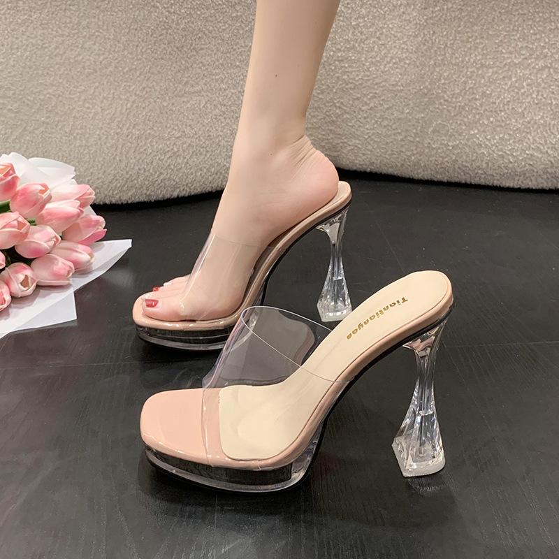 Fashion Summer Women Pumps Sandals Jelly Slippers Open Square Toe High Heels Women Sexy Transparent Slippers Shoe Heel Clear Sandals