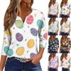 Women's Fashion Casual Easter Printed V-neck Short Sleeve Decorative Button Seven Sleeve T-shirt Top