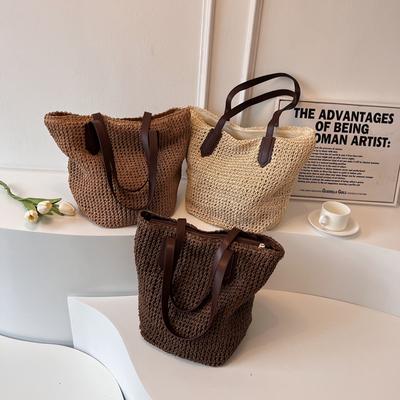 Damska torba na ramię, torebka ze słomy w stylu boho, letnia, plażowa, tkana, pod pachami, duża, swobodna, dzianinowa torba, szydełkowa torba typu tote