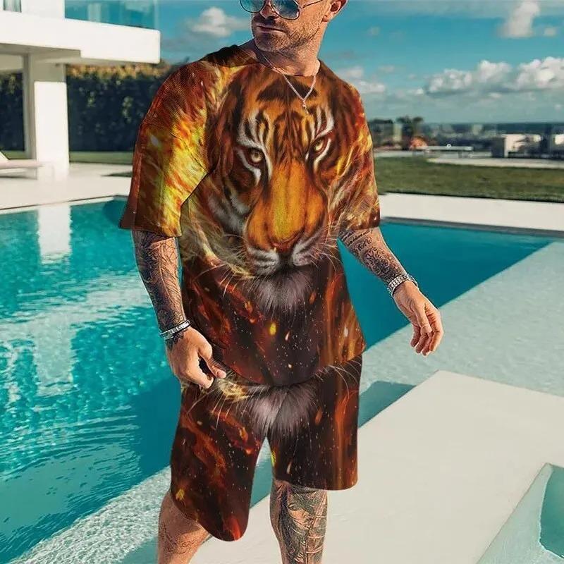 Men Cool Lion Tiger T-shirt Set 3D Animal  Print Casual Style T-shirt Shorts Set Summer New Fashion Street Clothing High-quality