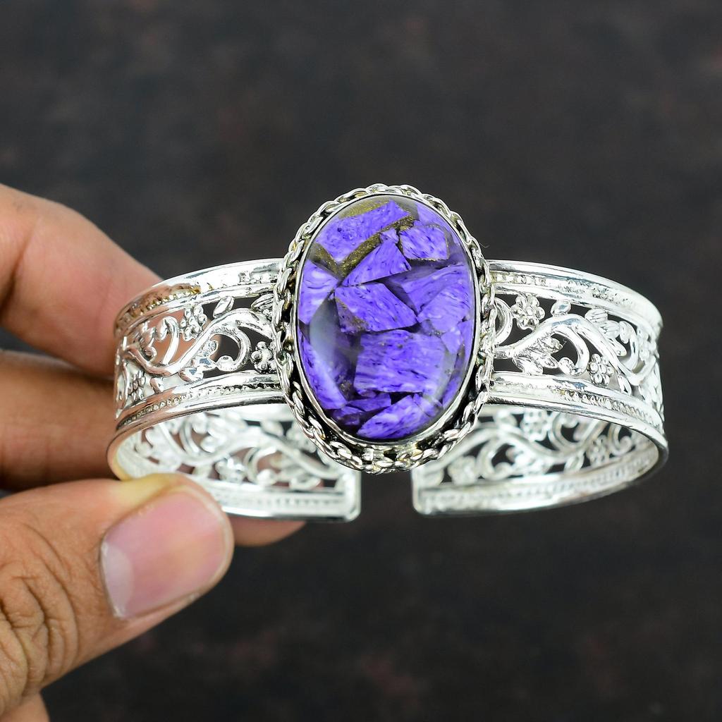 Copper Charoite Gemstone Bangle Handmade Bangle 925 Sterling Silver Cuff Bracelet Adjustable Bangle Beautiful Silver Jewelry Wedding Gifts