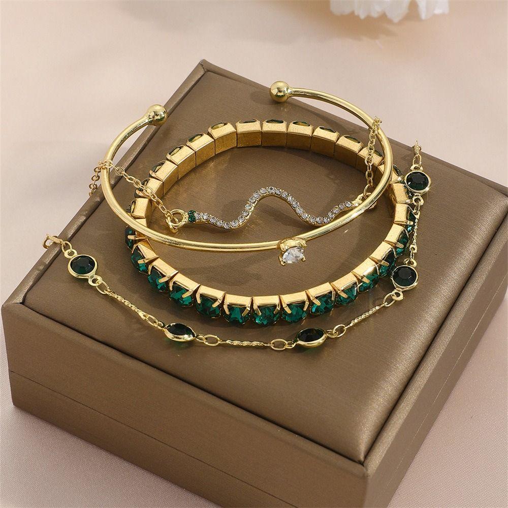 4Pcs/Set Snake Green Gemstone Bangle Rhinestone Punk Jewelry Full Metal Bracelet  Christmas Gift