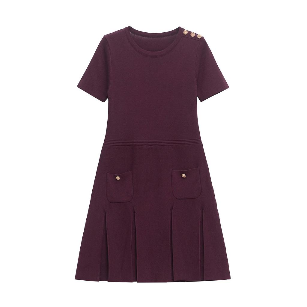 2024 Autumn Women's European-American Style Slimming Pleated Knit Mini Dress