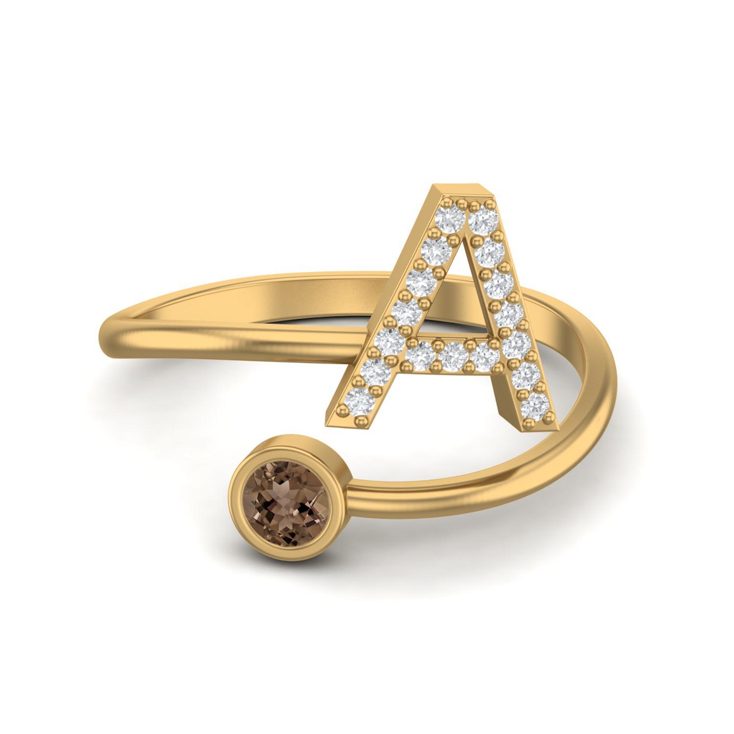

Capital A Initial Letter 3MM Round Smoky Quartz 925 Sterling Silver Gold Vermeil Women Adjustable Wedding Ring 11