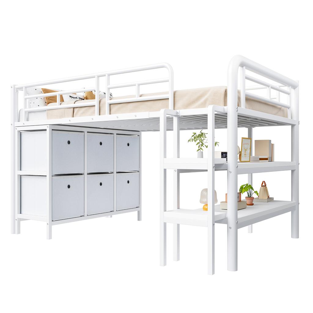 Children's bed 90x200 metal loft bed with storage, wide stairs, rounded corners, drawers and shelves for space-saving organization in the room, white