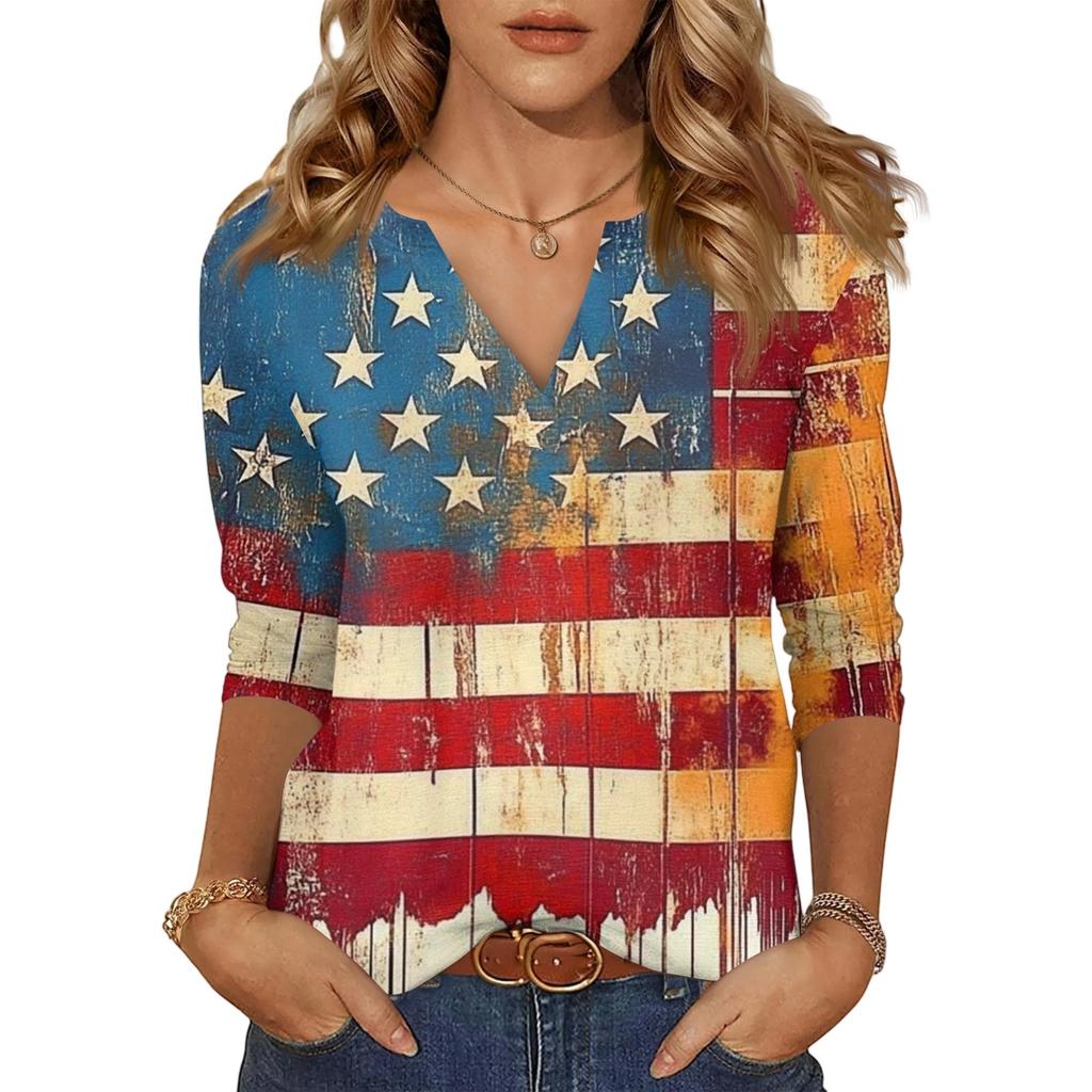 Women's Casual Fashion Sexy Comfortable V-Neck Independence Day Seven Sleeve Top