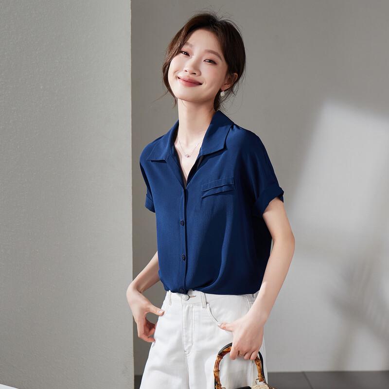 SOFSIL Women s French Lapel Silk Short Sleeve Shirt L