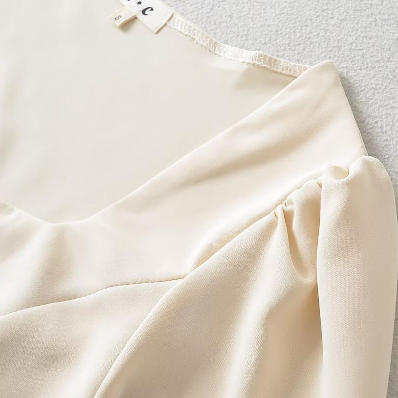 Kaslead New Arrival Women's Clothing Fashion Style Stylish Simple and Versatile Shoelace Waist-Controlled Long Sleeves Square Collar Top