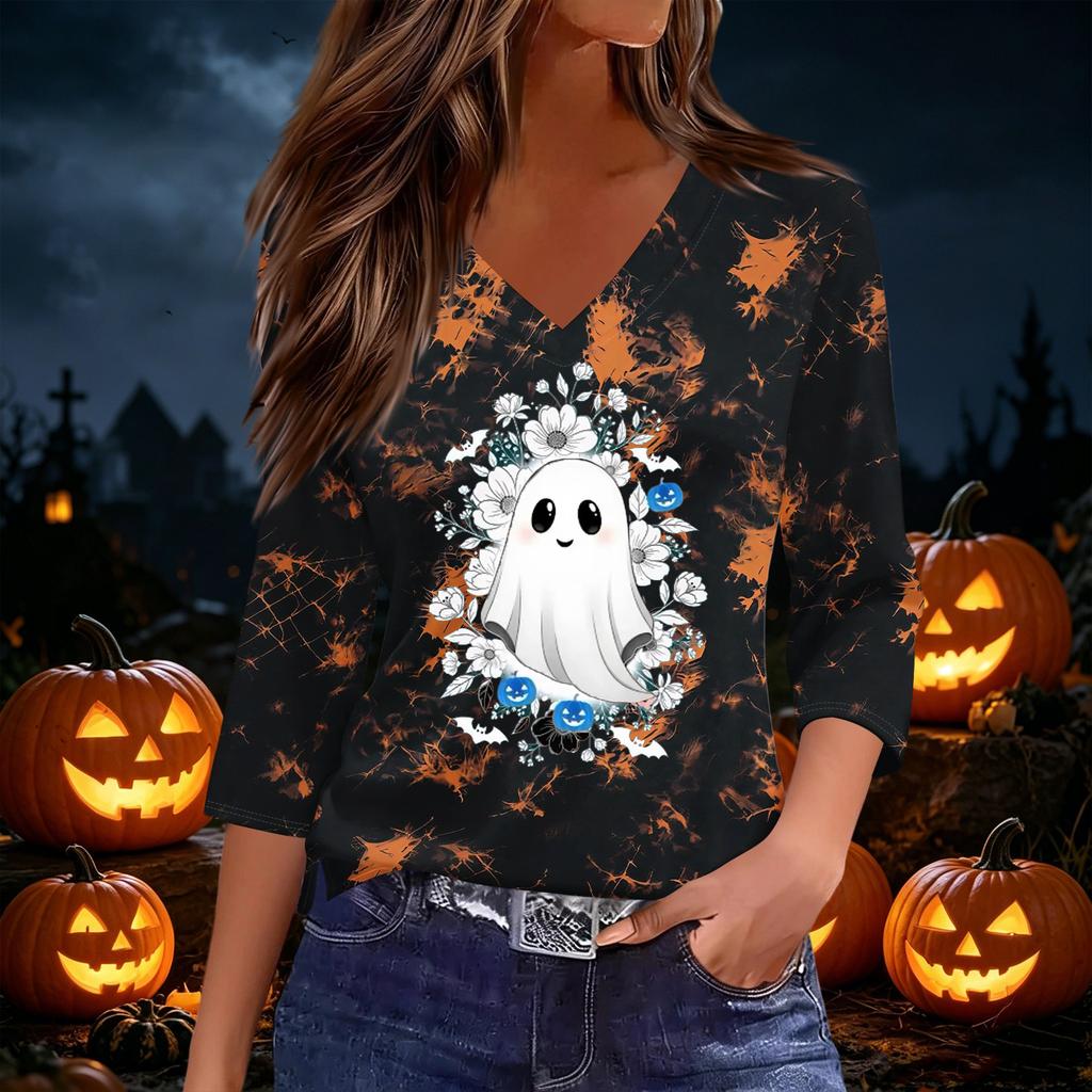 Women's Casual V-Neck 3/4 Sleeve Halloween Print Top for Party and Daily Wear