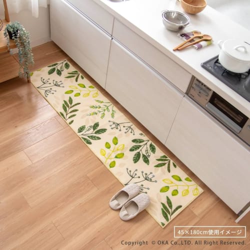 OKA Leaf Breath Kitchen Mat, Approx. 45cm x 180cm, Green (Washable, Antibacterial, Boshu, Non-Slip, Refreshing)