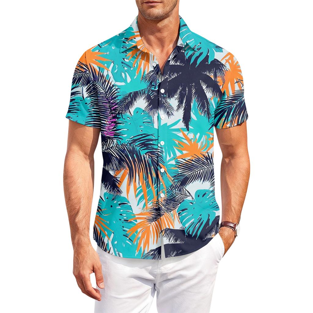 Mens Casual Shirts Summer Shirts for Men UK Mens Beach Shirt Mens T Shirt Button Down Leaf Print Shirt Short Sleeve