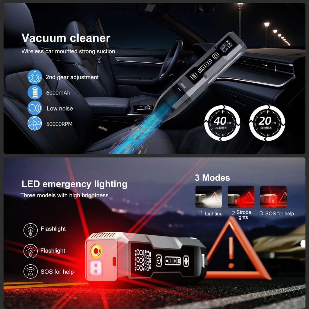 Car Air Pump Jump Starter with Vacuum Cleaner Tire Inflator LED Light Tire Pressure Gauge for Car Motorcycle Bike Ball