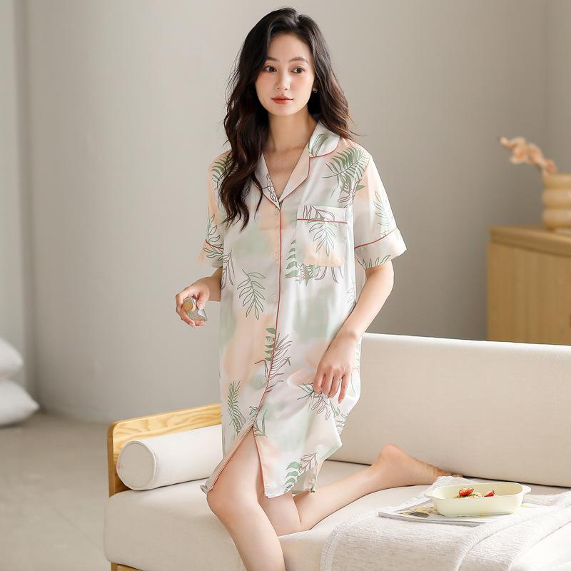 Pajamas Women's Summer Ice Silk Short Sleeve Pajamas Mom 1011 New Summer Thin Simulation Silk High-end Dress