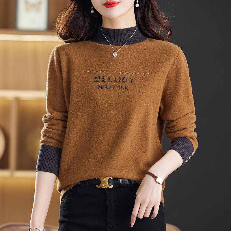 

Women s Autumn/Winter Wool Color-Block Knit Sweater - Loose Fit with Half-High Neck L