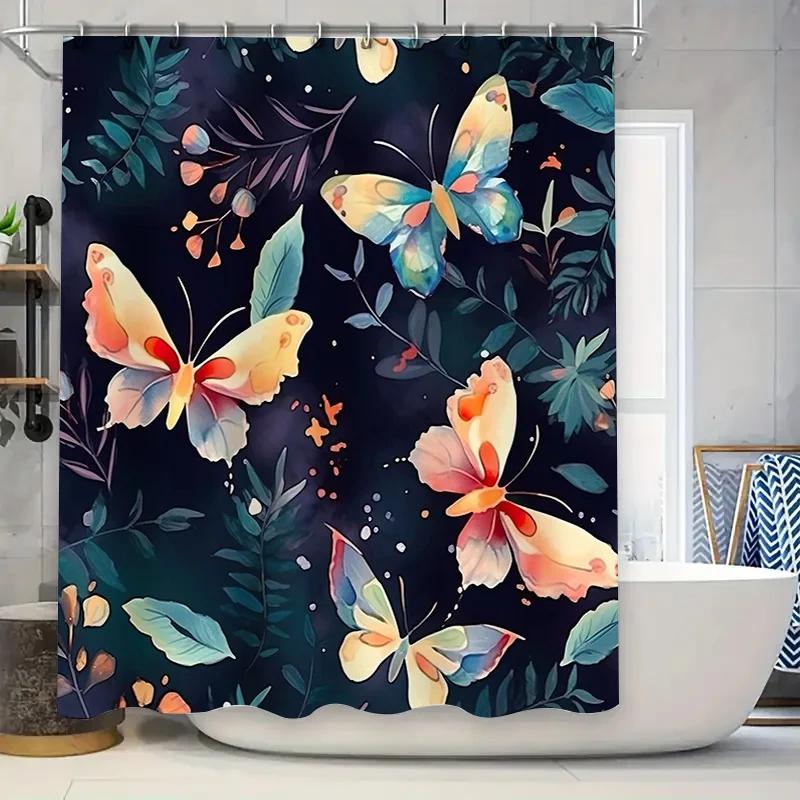 

Vivid Butterfly Floral Shower Curtain Waterproof Decorative Bathroom Hanging Wall Home Decor Soft Fabric Printed Watermelon Desi W60H190(CM)-1 Pcs