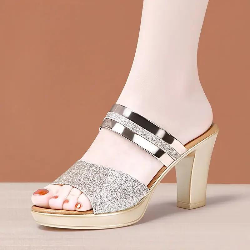 Small Size 32-43 Gold Silver Bling Wedding Shoes Summer Women's Platform Slippers 2025 Block High Heels Slides Office Model