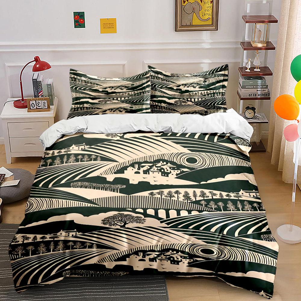 Hills, bridges, trees, buildings. Bedding sets Duvet cover sets Duvet covers Pillowcases(1 * Duvet Cover 2 * Pillowcases without duvet insert) 135x200cm