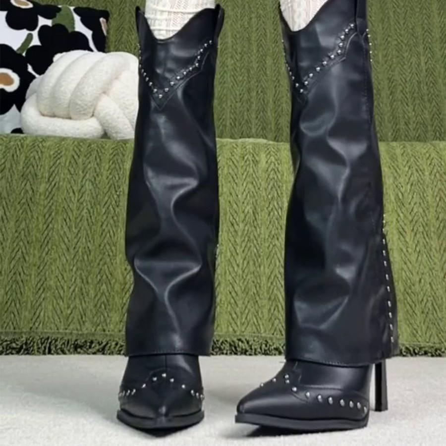 Black Retro Style Pointed Rivet Trouser Boots 2025 New Niche Design Sense Fashionable Versatile Western Cowboy Boots