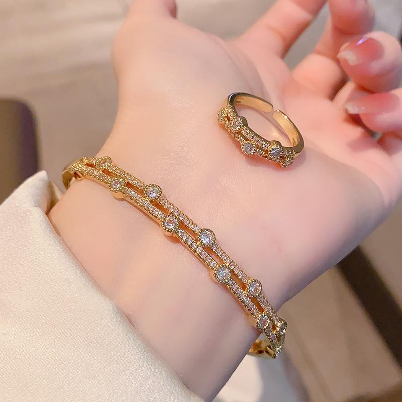 Super flash temperament zircon bracelet women s double-layer pearl zircon bracelet ring set
