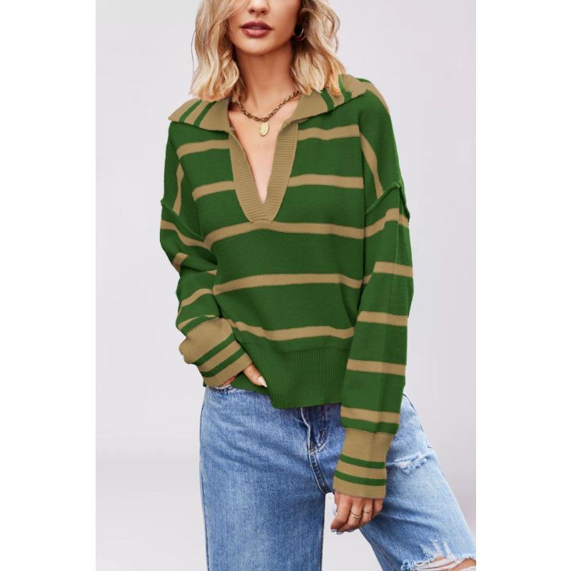 Autumn and Winter Women's Clothing New Fashion Splicing Striped Sweater Lapel Loose Large Size Knitted Sweater Women