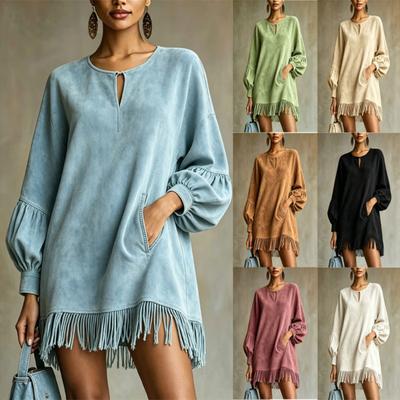 Women's Fashion Sleeve Round Neck Slit Dress Loose Fit