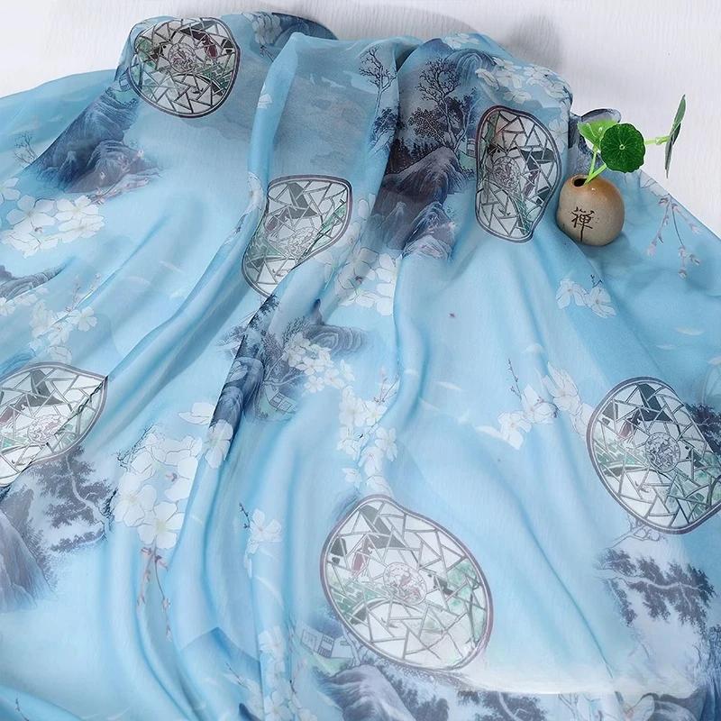 Hedvábný šátek dekorativní 30D Tištěný šifon Inkoustová malba Čínský styl Látka Starobylý kostým Hanfu Sukně Gáza Gázová oděvní látka
