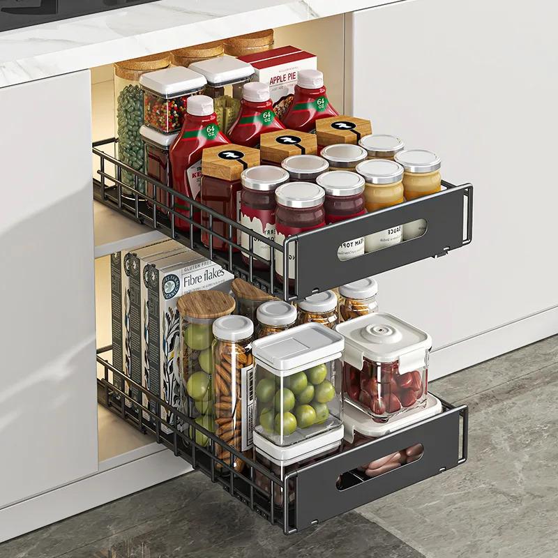 1-2pcs Pull-Out Kitchen Cabinet Storage Basket Condiment Holder Multifunctional Drawer Rack for Household Cabinet Organizing