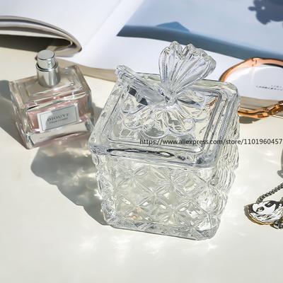 Instagram-style Embossed Glass Flower Storage Box Candy Jar Decorative Cotton Swab and Toothpick Holder Butterfly-lid Pencil