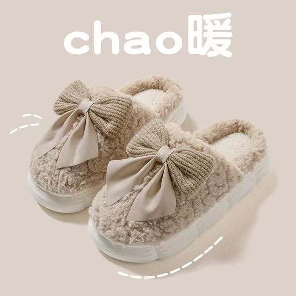 Cotton slippers women's autumn and winter home home home non-slip and warm new cute plush bow bag and cotton drag girl